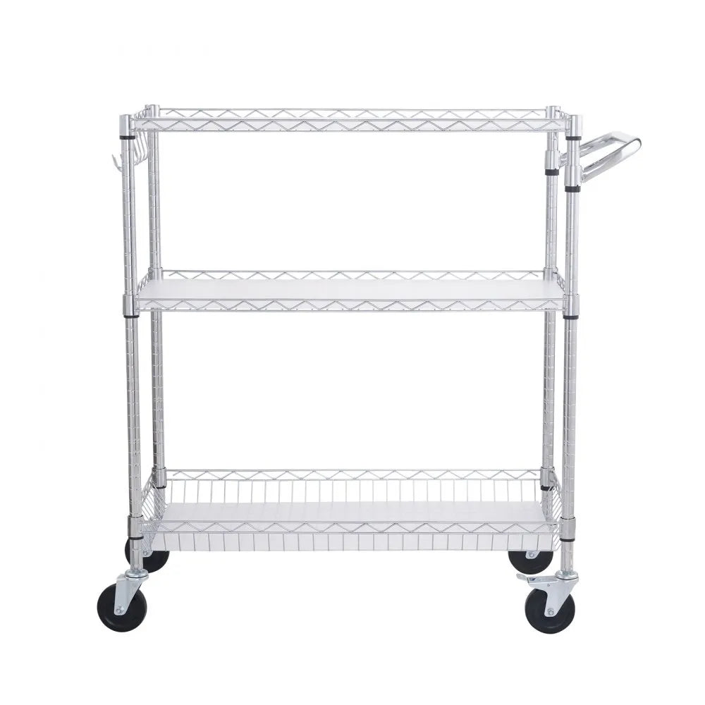 VEVOR Kitchen Utility Cart, 3 Tiers, Wire Rolling Cart with 661LBS Capacity, Steel Service Cart on Wheels, Metal Storage Trolley with 80mm Basket Curved Handle PP Liner 6 Hooks, for Indoor and Outdoor