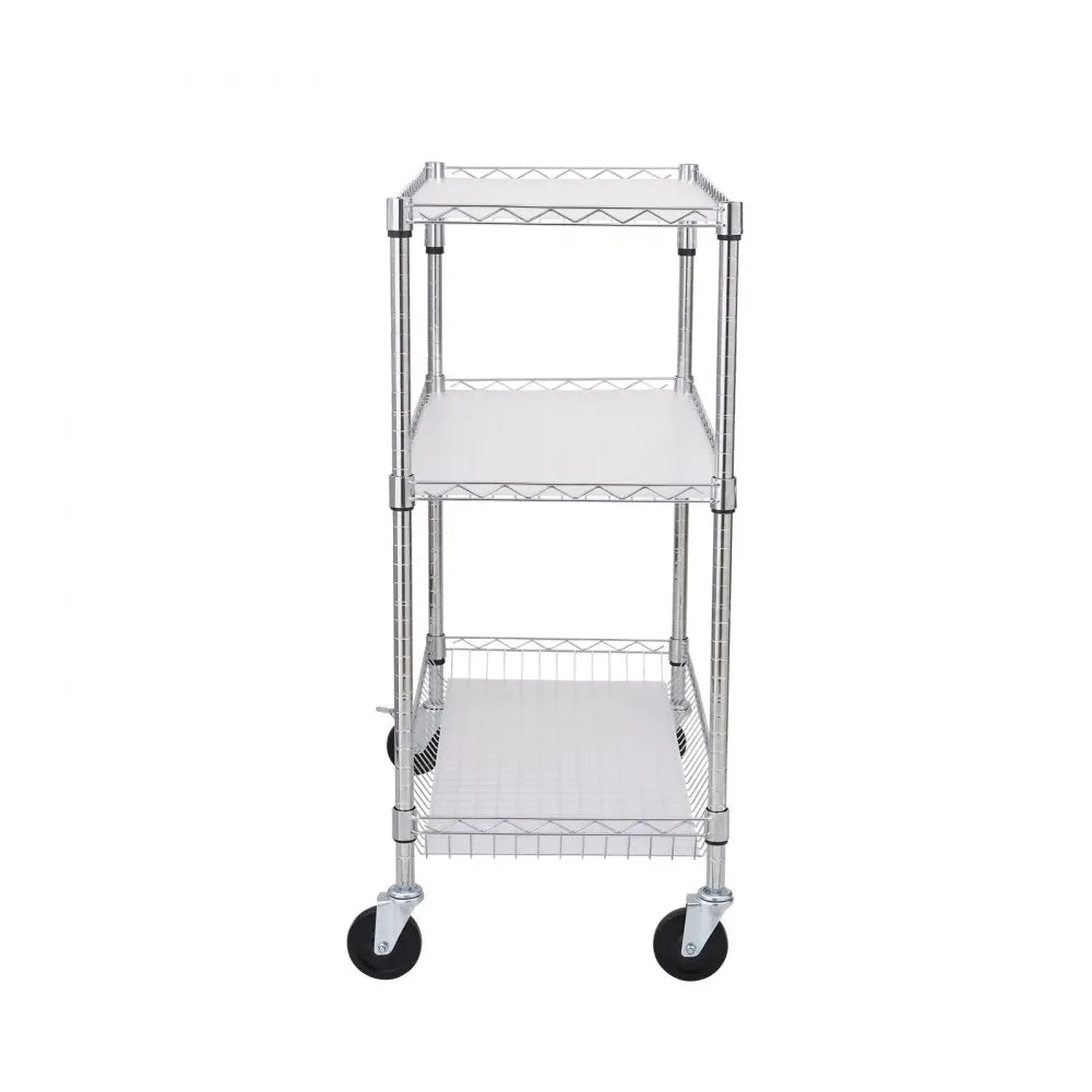 VEVOR Kitchen Utility Cart, 3 Tiers, Wire Rolling Cart with 661LBS Capacity, Steel Service Cart on Wheels, Metal Storage Trolley with 80mm Basket Curved Handle PP Liner 6 Hooks, for Indoor and Outdoor