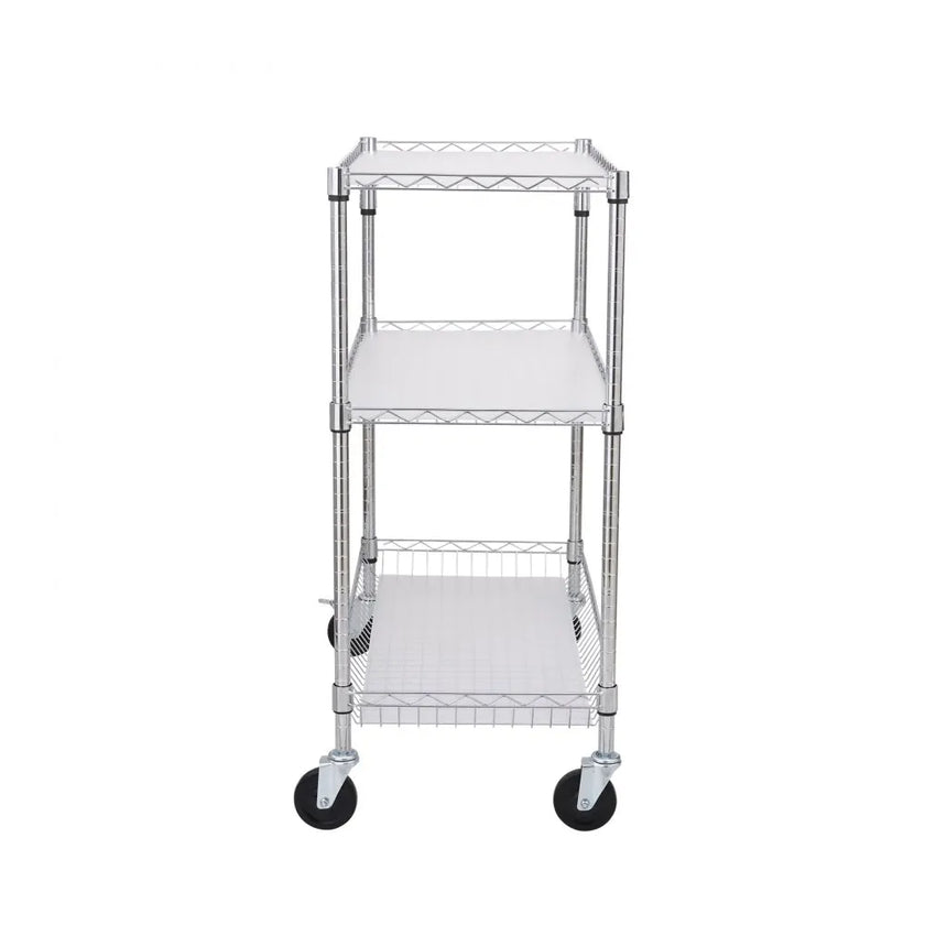 VEVOR Kitchen Utility Cart, 3 Tiers, Wire Rolling Cart with 661LBS Capacity, Steel Service Cart on Wheels, Metal Storage Trolley with 80mm Basket Curved Handle PP Liner 6 Hooks, for Indoor and Outdoor