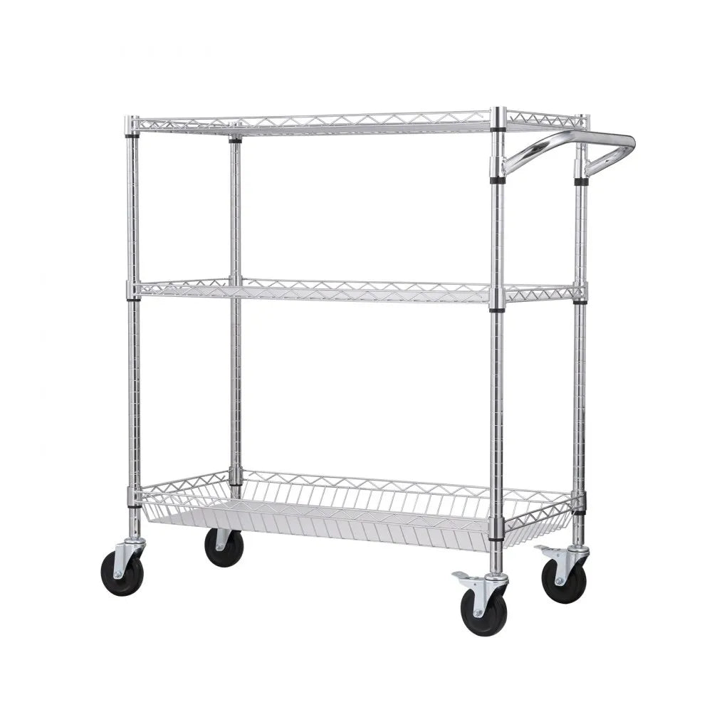 VEVOR Kitchen Utility Cart, 3 Tiers, Wire Rolling Cart with 661LBS Capacity, Steel Service Cart on Wheels, Metal Storage Trolley with 80mm Basket Curved Handle PP Liner 6 Hooks, for Indoor and Outdoor