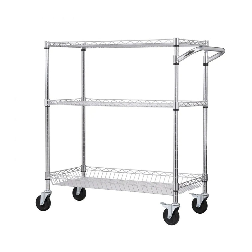 VEVOR Kitchen Utility Cart, 3 Tiers, Wire Rolling Cart with 661LBS Capacity, Steel Service Cart on Wheels, Metal Storage Trolley with 80mm Basket Curved Handle PP Liner 6 Hooks, for Indoor and Outdoor
