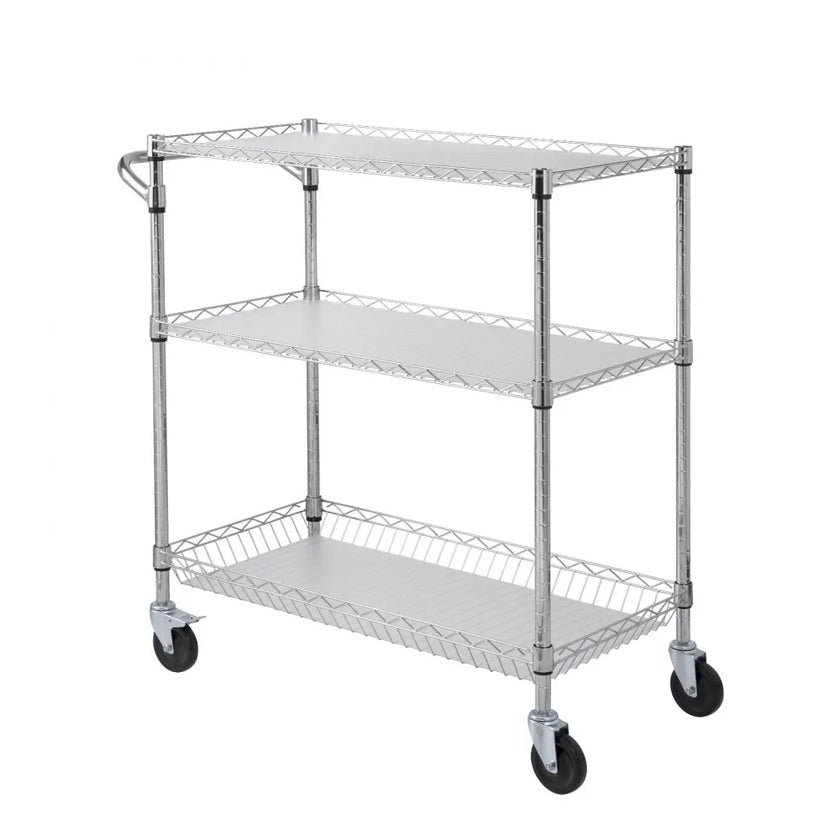VEVOR Kitchen Utility Cart, 3 Tiers, Wire Rolling Cart with 661LBS Capacity, Steel Service Cart on Wheels, Metal Storage Trolley with 80mm Basket Curved Handle PP Liner 6 Hooks, for Indoor and Outdoor