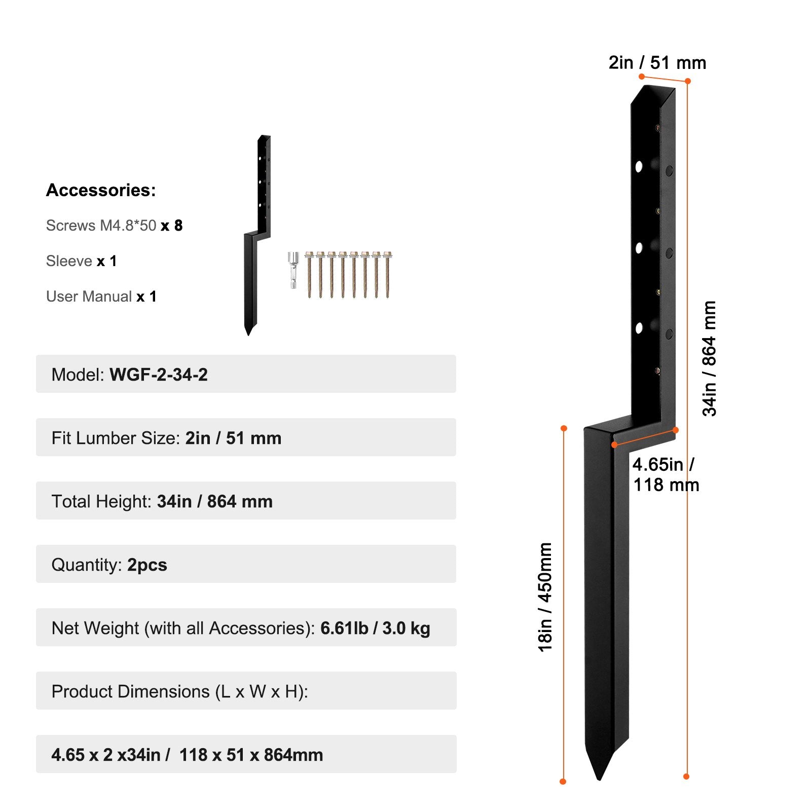 VEVOR Fence Post Anchor Repair Kit, 2 Pack Inner Diameter 2 x2 Inches Heavy Duty Steel Fence Post Support Stakes, Anchor Ground Spike for Repair Tilted, Broken Wood Fence Post