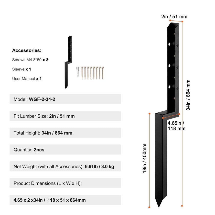 VEVOR Fence Post Anchor Repair Kit, 2 Pack Inner Diameter 2 x2 Inches Heavy Duty Steel Fence Post Support Stakes, Anchor Ground Spike for Repair Tilted, Broken Wood Fence Post
