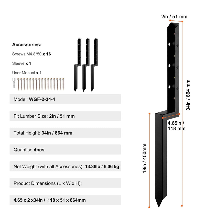 VEVOR Fence Post Anchor Repair Kit, 4 Pack Inner Diameter 2 x2 Inches Heavy Duty Steel Fence Post Support Stakes, Anchor Ground Spike for Repair Tilted, Broken Wood Fence Post