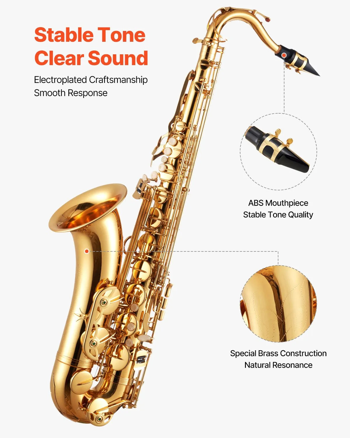 VEVOR Gold Brass Tenor Saxophone B Flat Sax Beginner Kit with Case Mouthpiece