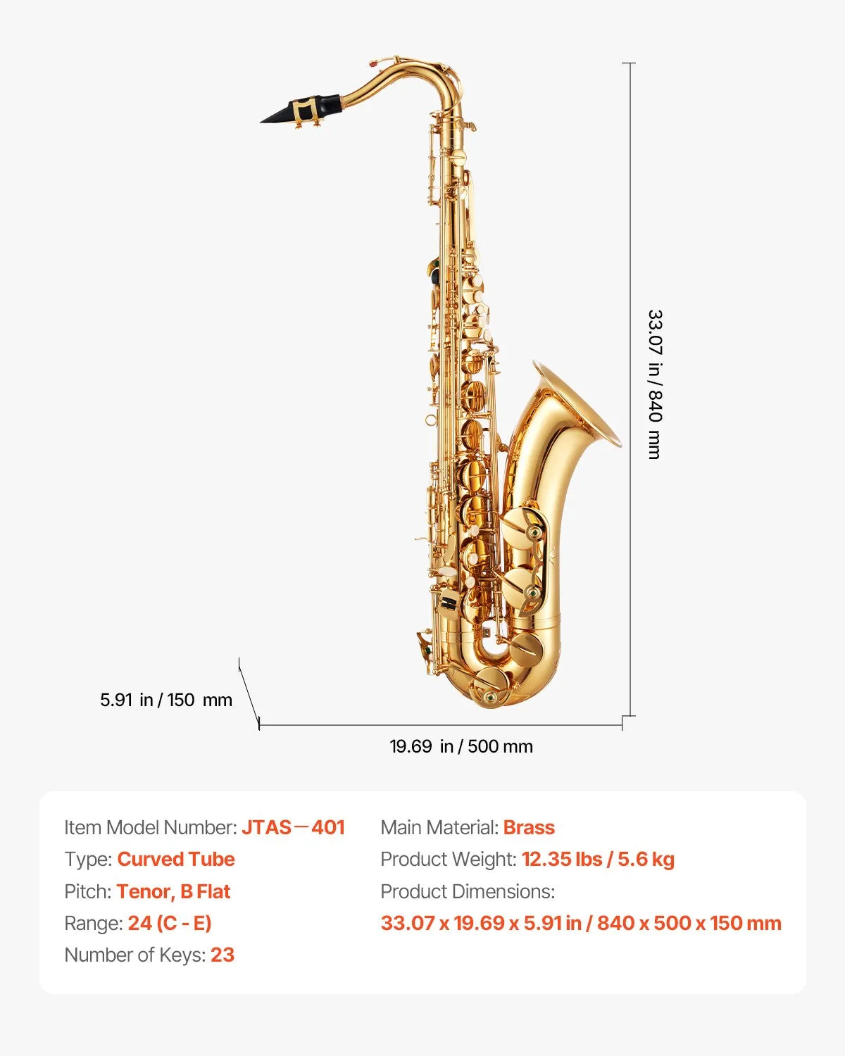 VEVOR Gold Brass Tenor Saxophone B Flat Sax Beginner Kit with Case Mouthpiece