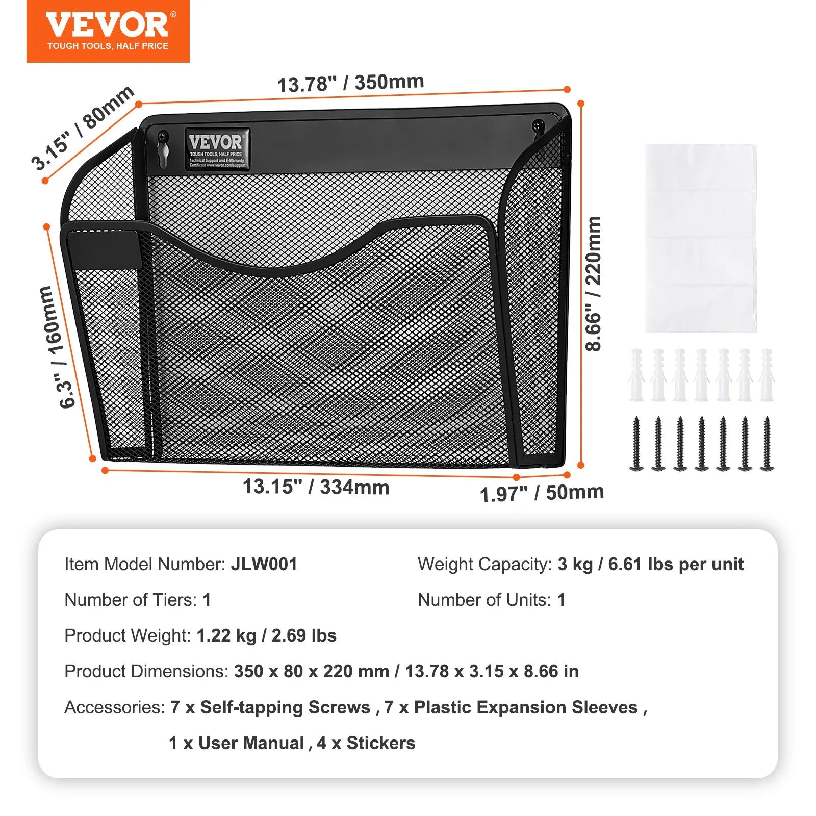 VEVOR File Wall Rack Mesh Wall File Holder 3-Piece 1 Pocket for Office & School