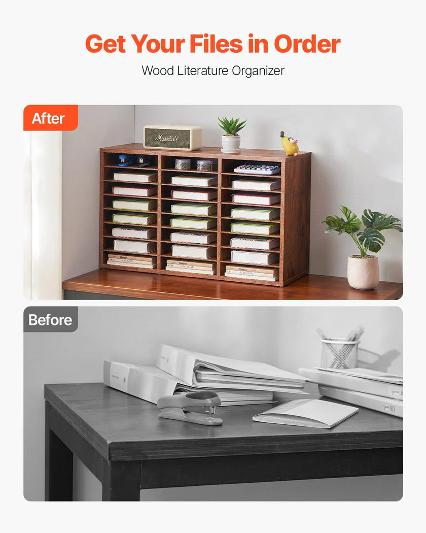 VEVOR Wooden Literature Organizer 24 Compartments Removable Shelves Dark Brown