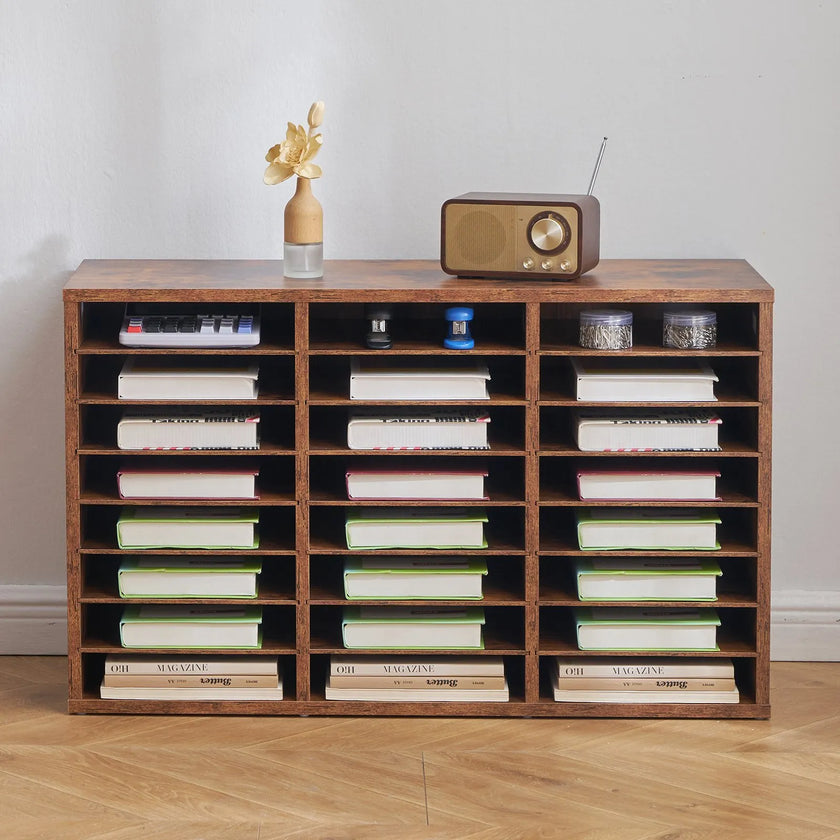 VEVOR Wooden Literature Organizer 24 Compartments Removable Shelves Dark Brown