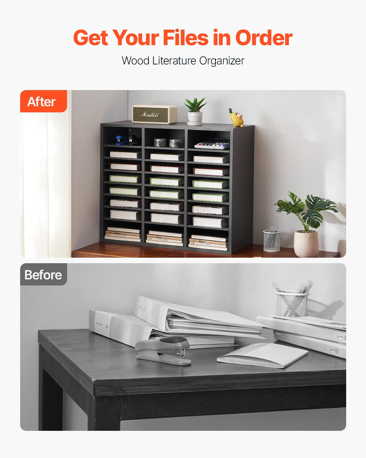 VEVOR Wooden Literature Organizer 24 Compartments with Adjustable Shelves Grey
