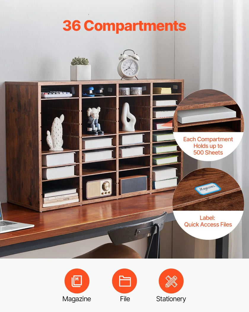 VEVOR Wood Literature Organizer 36 Compartments Removable Shelves Dark Brown