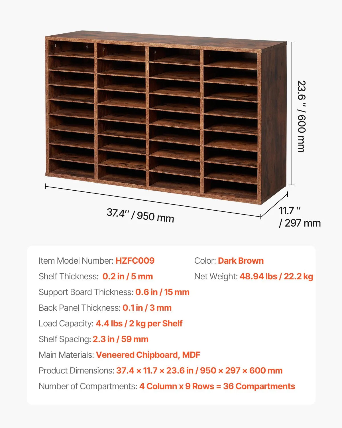 VEVOR Wood Literature Organizer 36 Compartments Removable Shelves Dark Brown