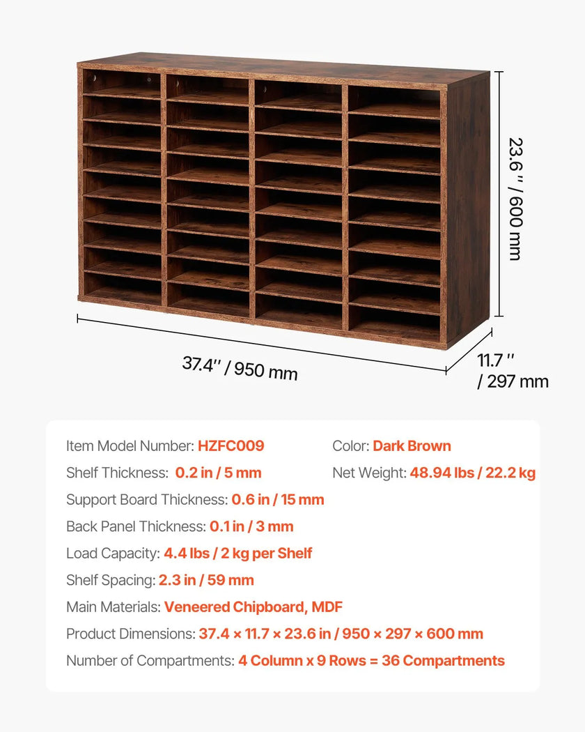 VEVOR Wood Literature Organizer 36 Compartments Removable Shelves Dark Brown