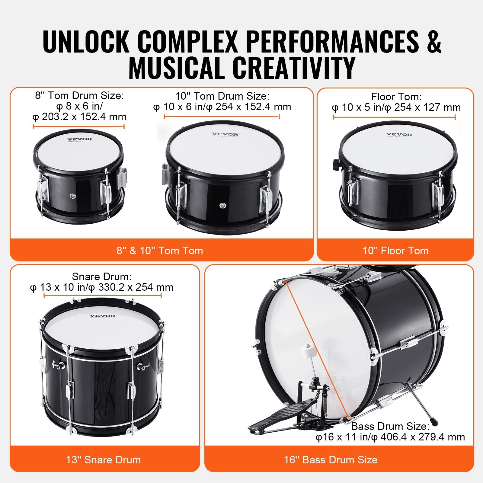 VEVOR Kids Drum Set, 5-Piece, 16 in Beginner Full Drum Set with Bass Toms Snare Floor Drum Adjustable Throne Cymbal Hi-Hat Pedal and Two Pairs of Drumsticks, Starter Drum Kit for Child Kids, Black