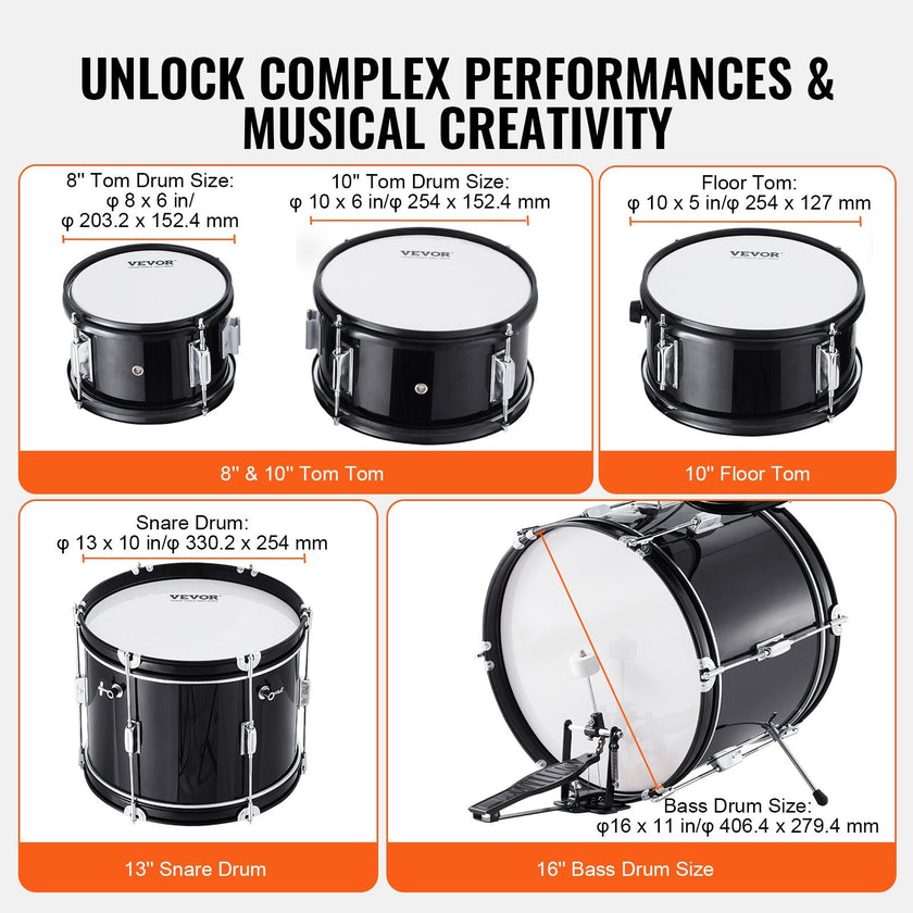 VEVOR Kids Drum Set, 5-Piece, 16 in Beginner Full Drum Set with Bass Toms Snare Floor Drum Adjustable Throne Cymbal Hi-Hat Pedal and Two Pairs of Drumsticks, Starter Drum Kit for Child Kids, Black
