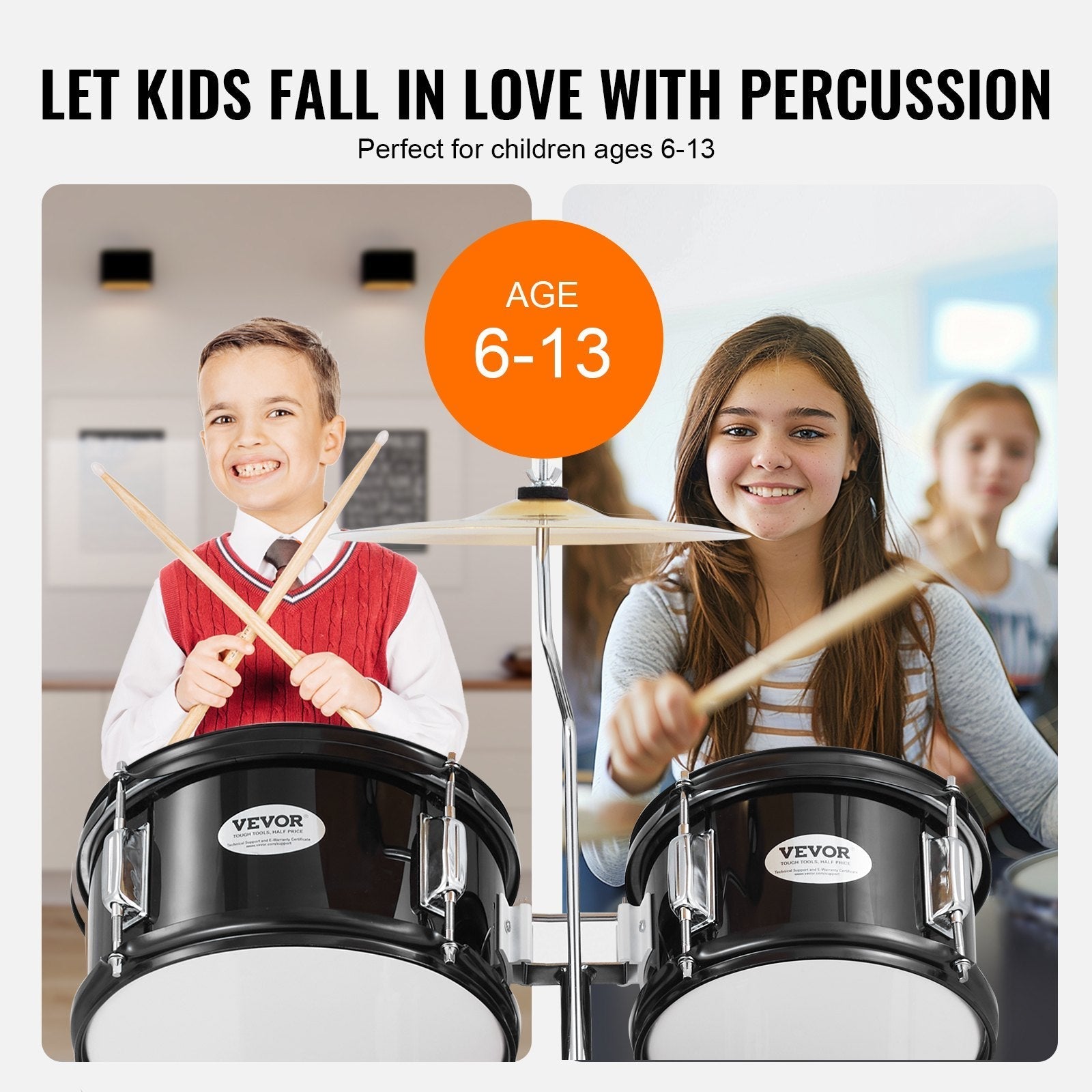 VEVOR Kids Drum Set, 5-Piece, 16 in Beginner Full Drum Set with Bass Toms Snare Floor Drum Adjustable Throne Cymbal Hi-Hat Pedal and Two Pairs of Drumsticks, Starter Drum Kit for Child Kids, Black
