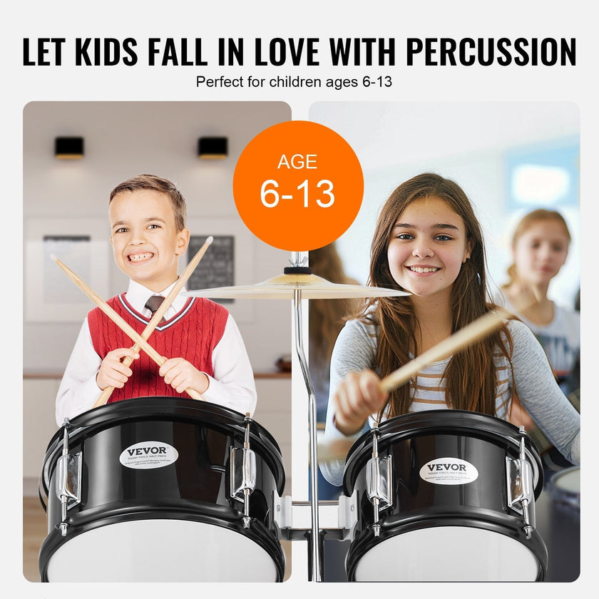VEVOR Kids Drum Set, 5-Piece, 16 in Beginner Full Drum Set with Bass Toms Snare Floor Drum Adjustable Throne Cymbal Hi-Hat Pedal and Two Pairs of Drumsticks, Starter Drum Kit for Child Kids, Black