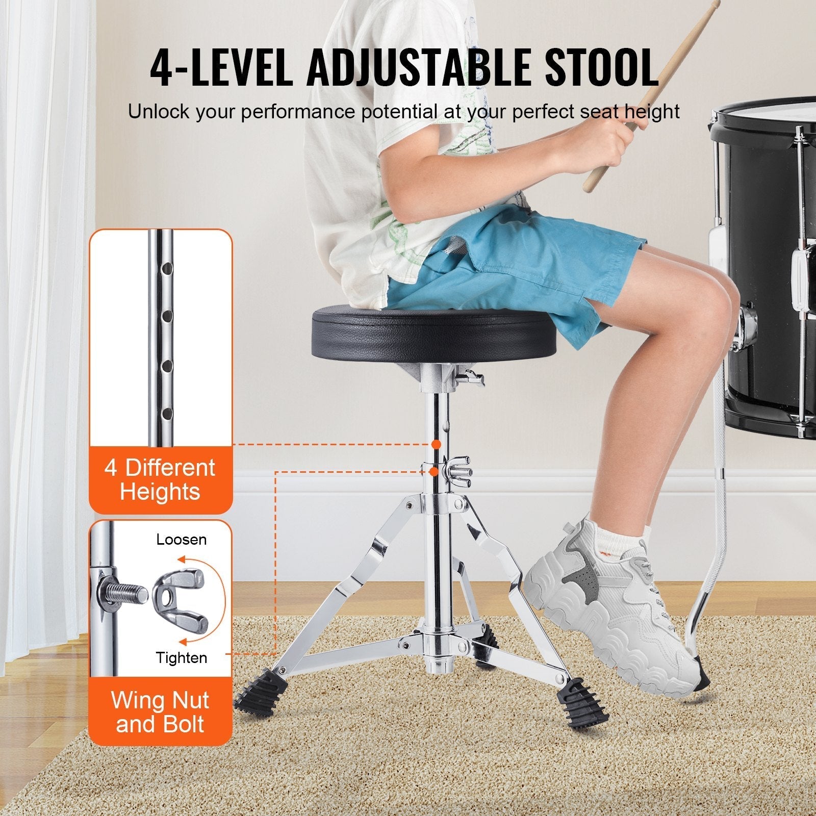 VEVOR Kids Drum Set, 5-Piece, 16 in Beginner Full Drum Set with Bass Toms Snare Floor Drum Adjustable Throne Cymbal Hi-Hat Pedal and Two Pairs of Drumsticks, Starter Drum Kit for Child Kids, Black