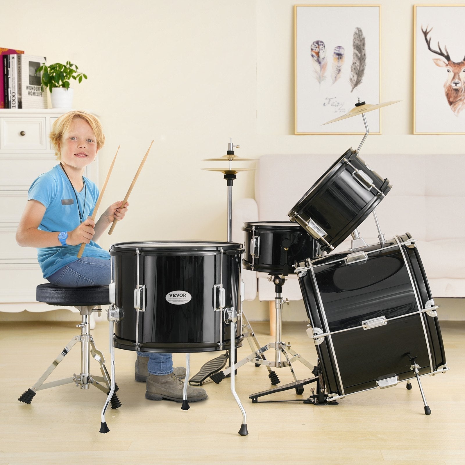VEVOR Kids Drum Set, 5-Piece, 16 in Beginner Full Drum Set with Bass Toms Snare Floor Drum Adjustable Throne Cymbal Hi-Hat Pedal and Two Pairs of Drumsticks, Starter Drum Kit for Child Kids, Black