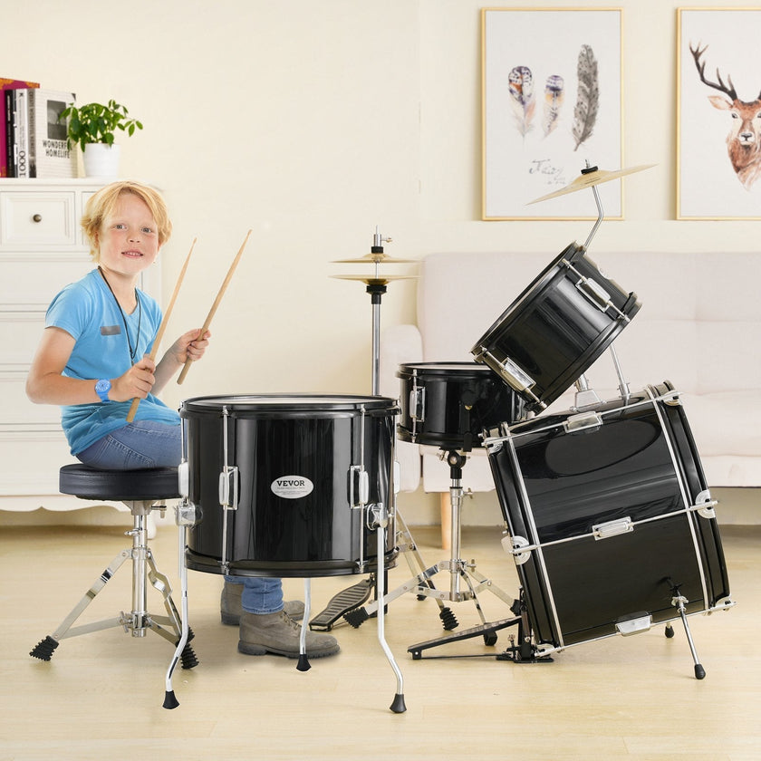 VEVOR Kids Drum Set, 5-Piece, 16 in Beginner Full Drum Set with Bass Toms Snare Floor Drum Adjustable Throne Cymbal Hi-Hat Pedal and Two Pairs of Drumsticks, Starter Drum Kit for Child Kids, Black