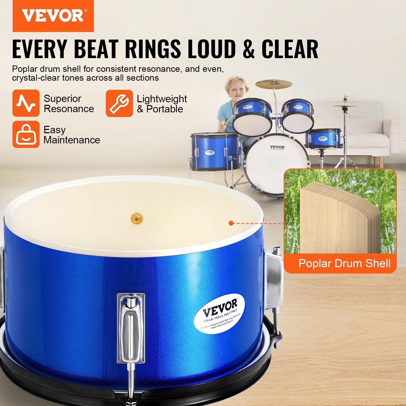 VEVOR Kids Drum Set, 5-Piece, 16 in Beginner Full Drum Set with Bass Toms Snare Floor Drum Adjustable Throne Cymbal Hi-Hat Pedal and Two Pairs of Drumsticks, Starter Drum Kit for Child Kids, Blue