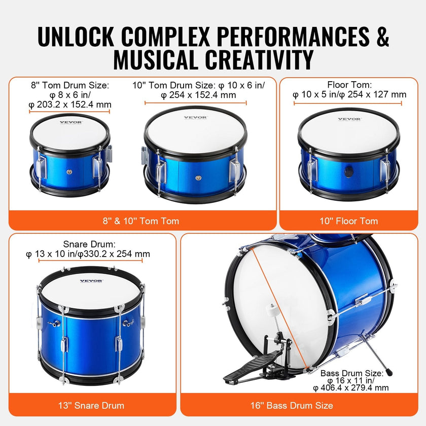 VEVOR Kids Drum Set, 5-Piece, 16 in Beginner Full Drum Set with Bass Toms Snare Floor Drum Adjustable Throne Cymbal Hi-Hat Pedal and Two Pairs of Drumsticks, Starter Drum Kit for Child Kids, Blue