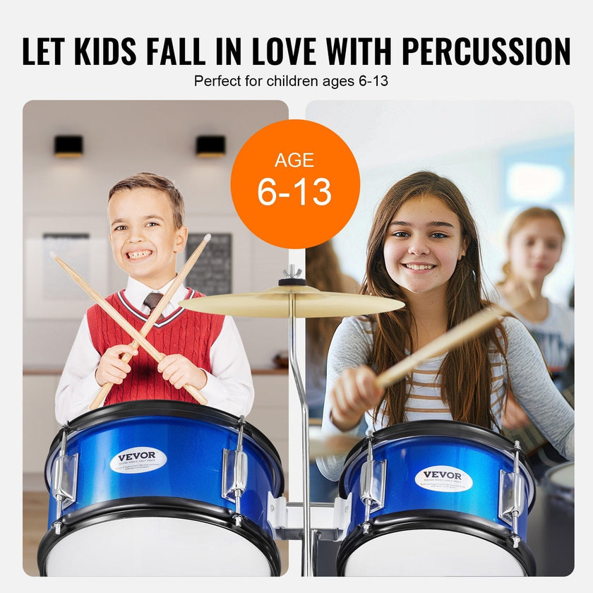 VEVOR Kids Drum Set, 5-Piece, 16 in Beginner Full Drum Set with Bass Toms Snare Floor Drum Adjustable Throne Cymbal Hi-Hat Pedal and Two Pairs of Drumsticks, Starter Drum Kit for Child Kids, Blue