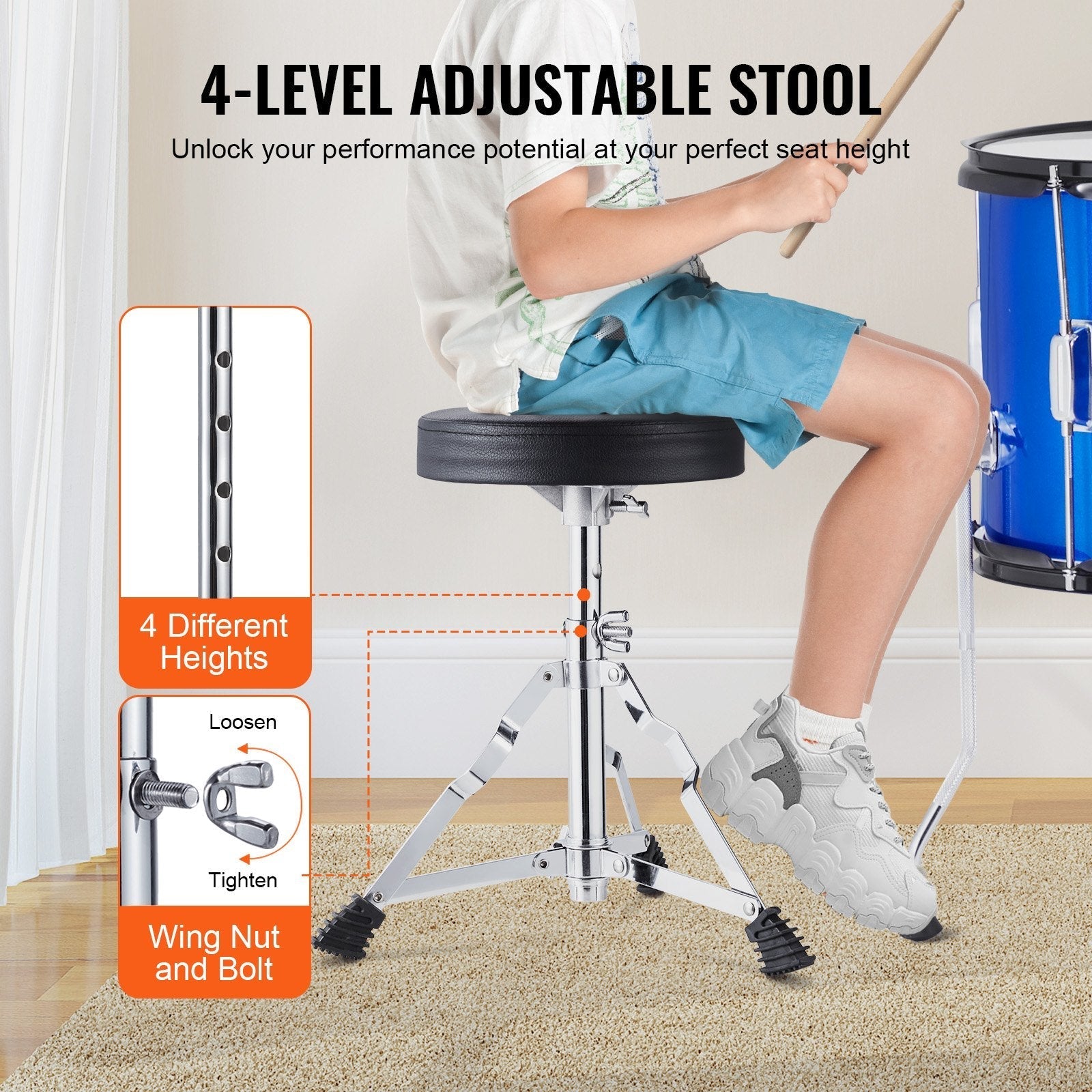 VEVOR Kids Drum Set, 5-Piece, 16 in Beginner Full Drum Set with Bass Toms Snare Floor Drum Adjustable Throne Cymbal Hi-Hat Pedal and Two Pairs of Drumsticks, Starter Drum Kit for Child Kids, Blue