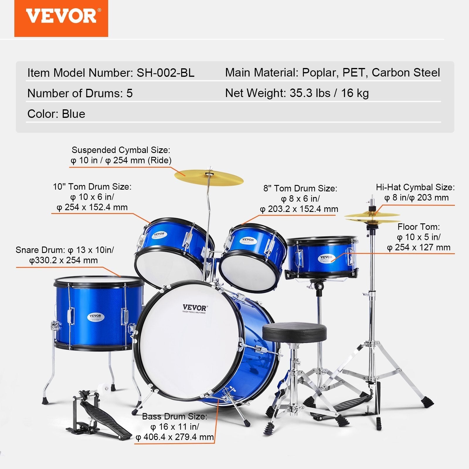 VEVOR Kids Drum Set, 5-Piece, 16 in Beginner Full Drum Set with Bass Toms Snare Floor Drum Adjustable Throne Cymbal Hi-Hat Pedal and Two Pairs of Drumsticks, Starter Drum Kit for Child Kids, Blue