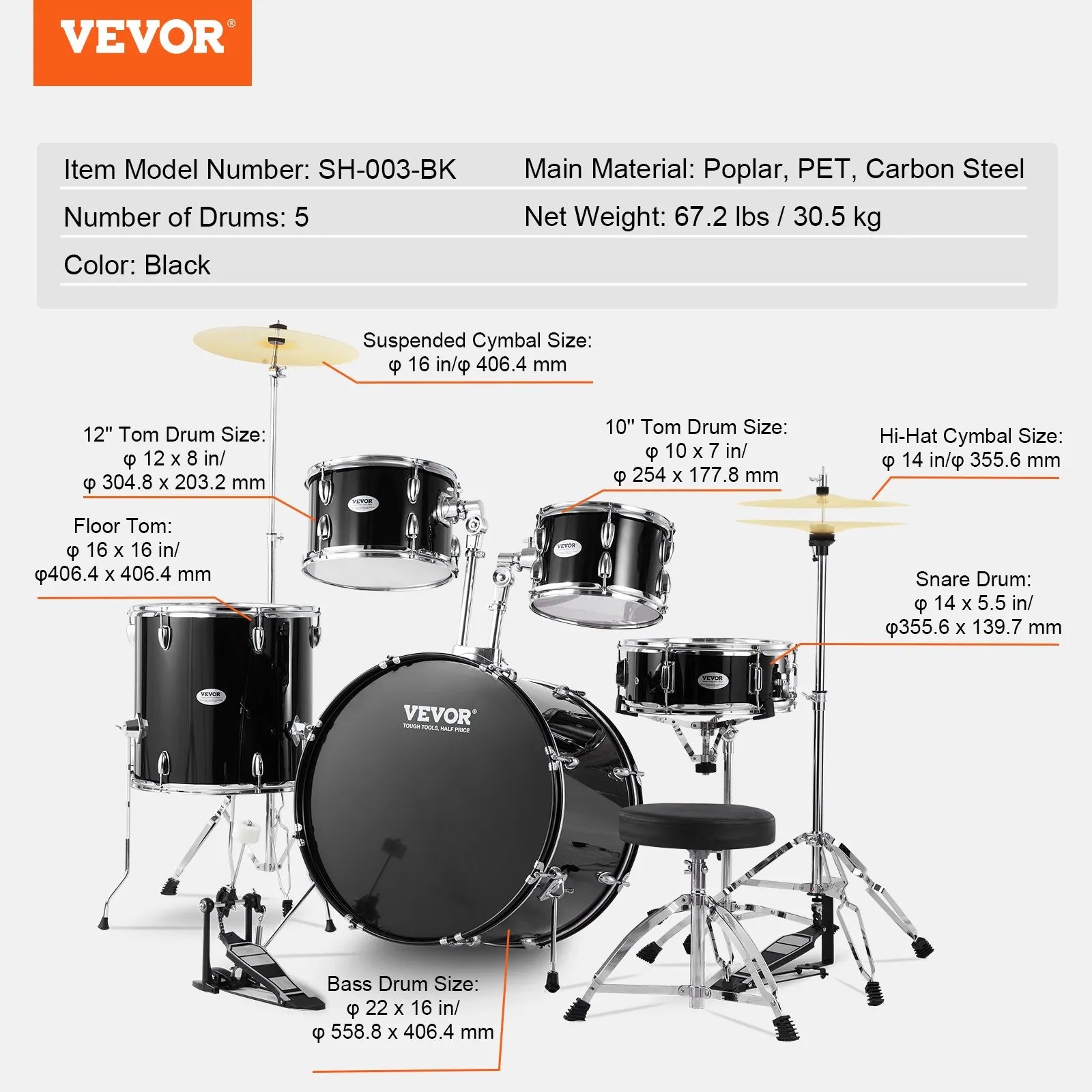 VEVOR Adult Drum Set, 5-Piece, 22 inches Complete Full Size Drum Kit with Bass Toms Snare Floor Drum Adjustable Throne Stands Cymbal Hi-Hat Pedal and Drumsticks, Beginner Drum Kit for Adults, Black