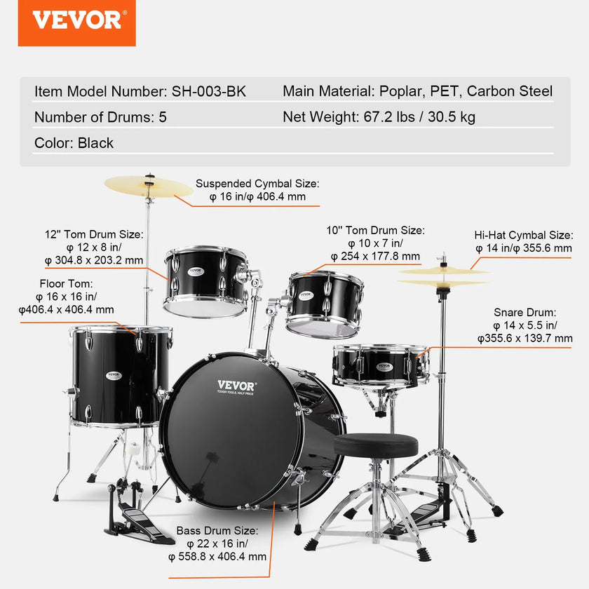 VEVOR Adult Drum Set, 5-Piece, 22 inches Complete Full Size Drum Kit with Bass Toms Snare Floor Drum Adjustable Throne Stands Cymbal Hi-Hat Pedal and Drumsticks, Beginner Drum Kit for Adults, Black