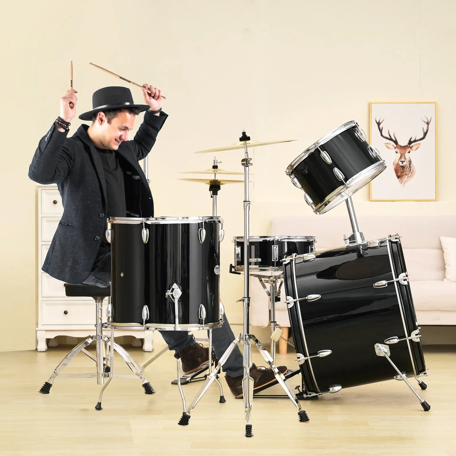 VEVOR Adult Drum Set, 5-Piece, 22 inches Complete Full Size Drum Kit with Bass Toms Snare Floor Drum Adjustable Throne Stands Cymbal Hi-Hat Pedal and Drumsticks, Beginner Drum Kit for Adults, Black
