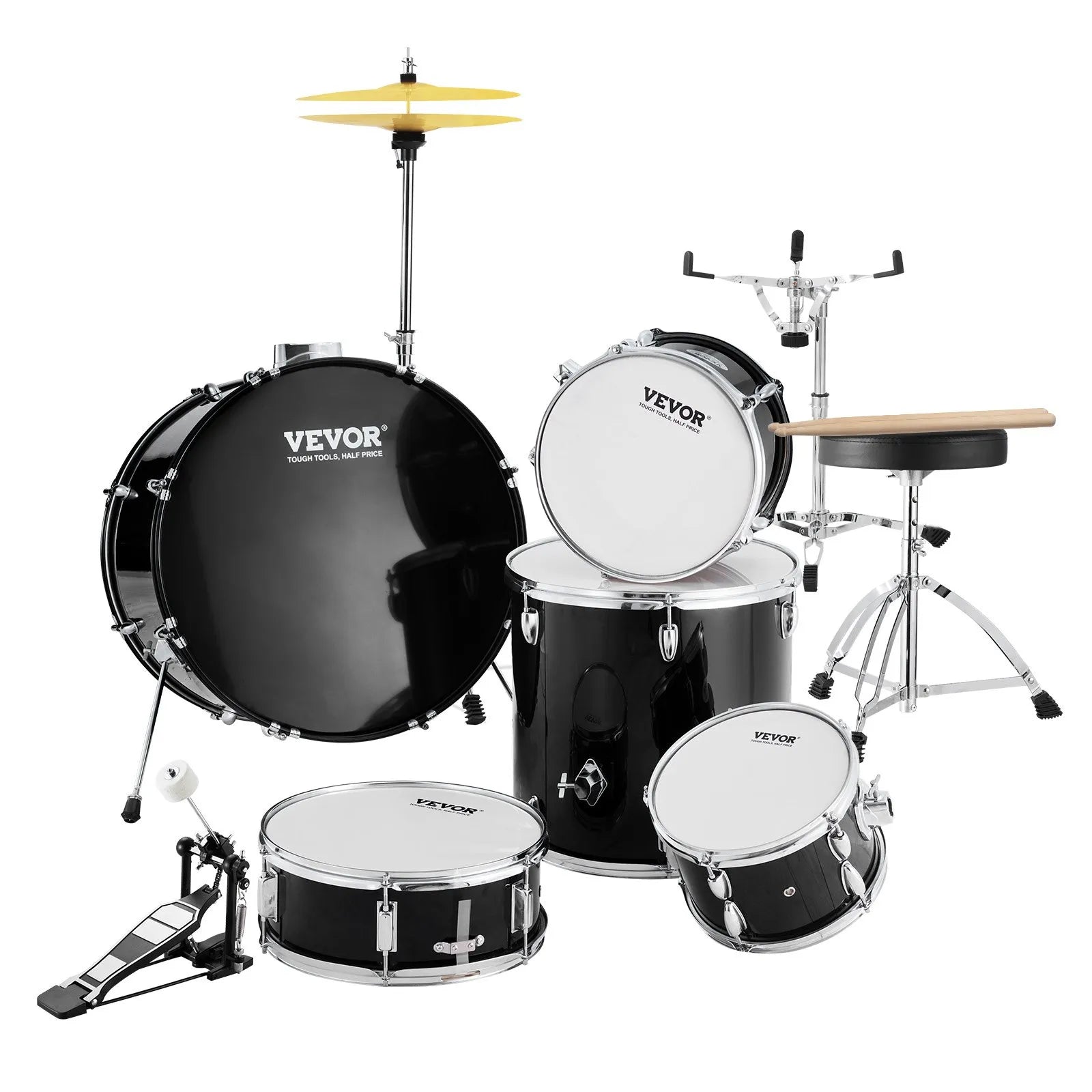 VEVOR Adult Drum Set, 5-Piece, 22 inches Complete Full Size Drum Kit with Bass Toms Snare Floor Drum Adjustable Throne Stands Cymbal Hi-Hat Pedal and Drumsticks, Beginner Drum Kit for Adults, Black
