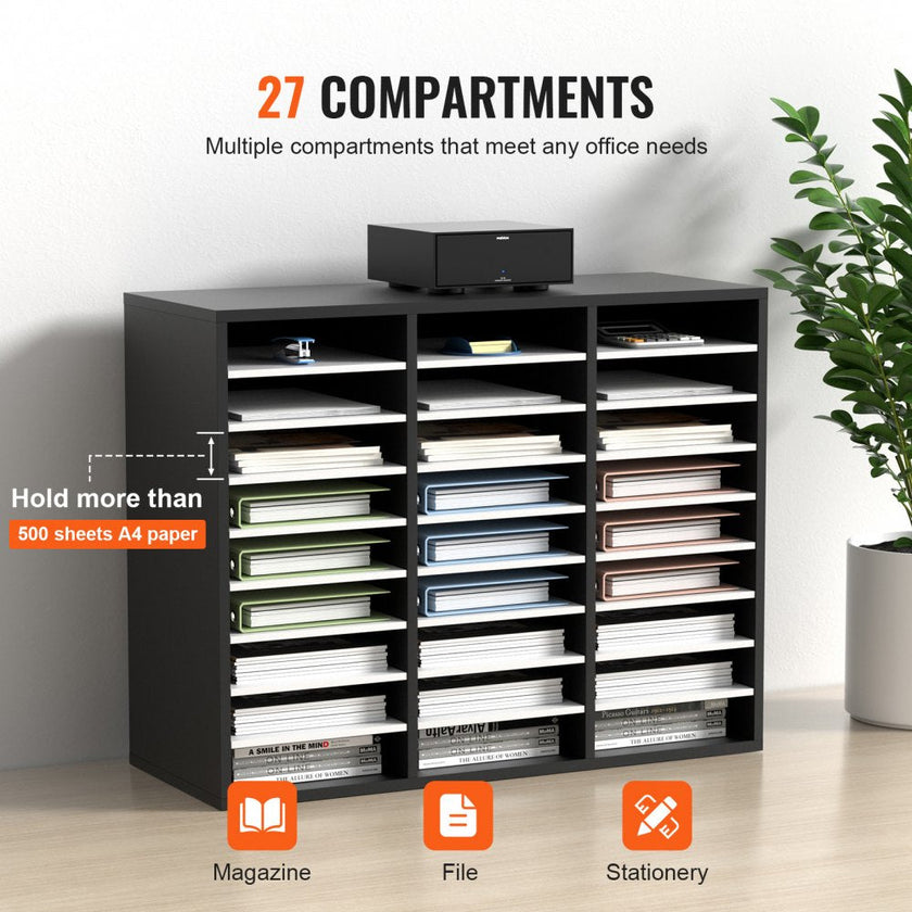VEVOR Wood Literature Organizer File Sorter Paper Storage Holder 27 Slots Black