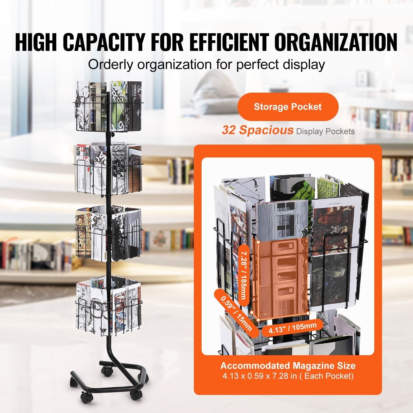 VEVOR Brochure Display Rack 32-Pocket Rotating Literature Display Stand 5 Wheels