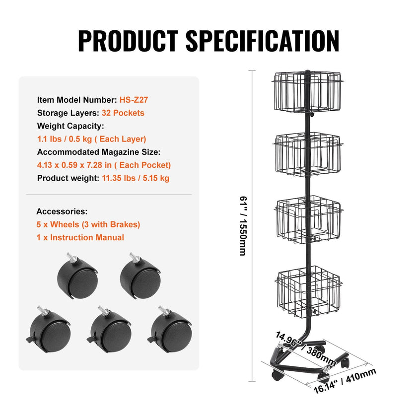 VEVOR Brochure Display Rack 32-Pocket Rotating Literature Display Stand 5 Wheels