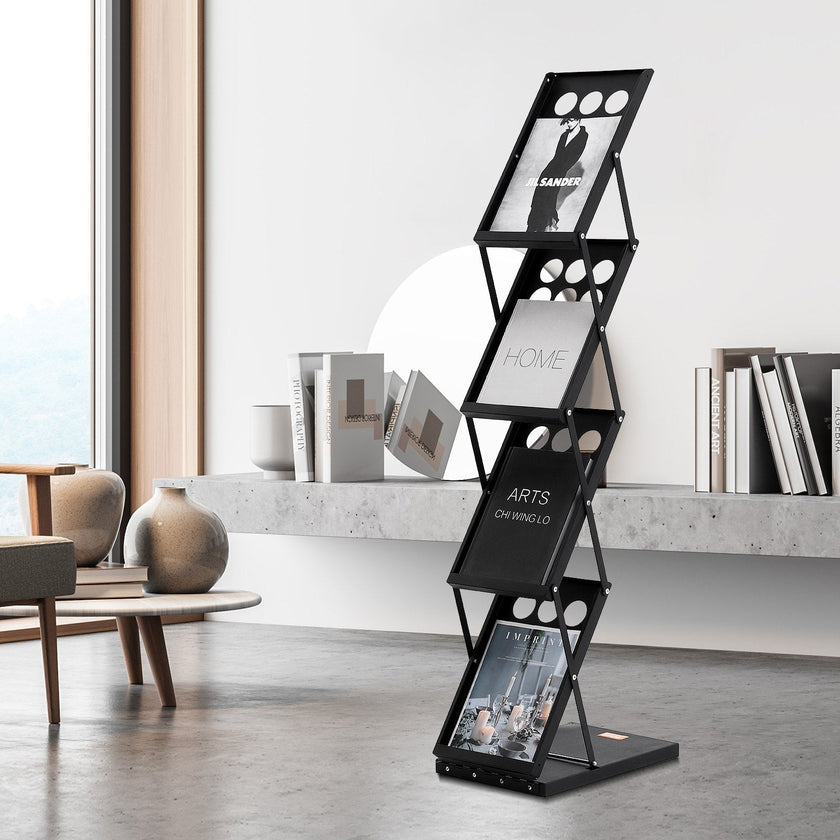 VEVOR Foldable Magazine Display Rack. 4-Tier Brochure Literature Display Stand, Portable Catalog Brochure Holder Stand with Carrying Bag for Office Trade Show Exhibitions, 4 Pockets