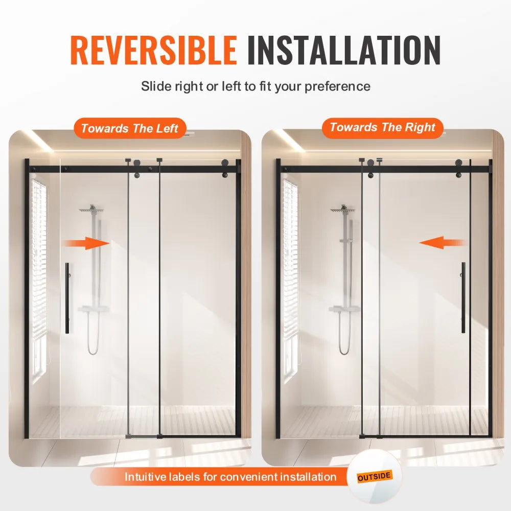 VEVOR Frameless Shower Door 58-59 x 75 in Tempered Glass 5/16 in Matte Black