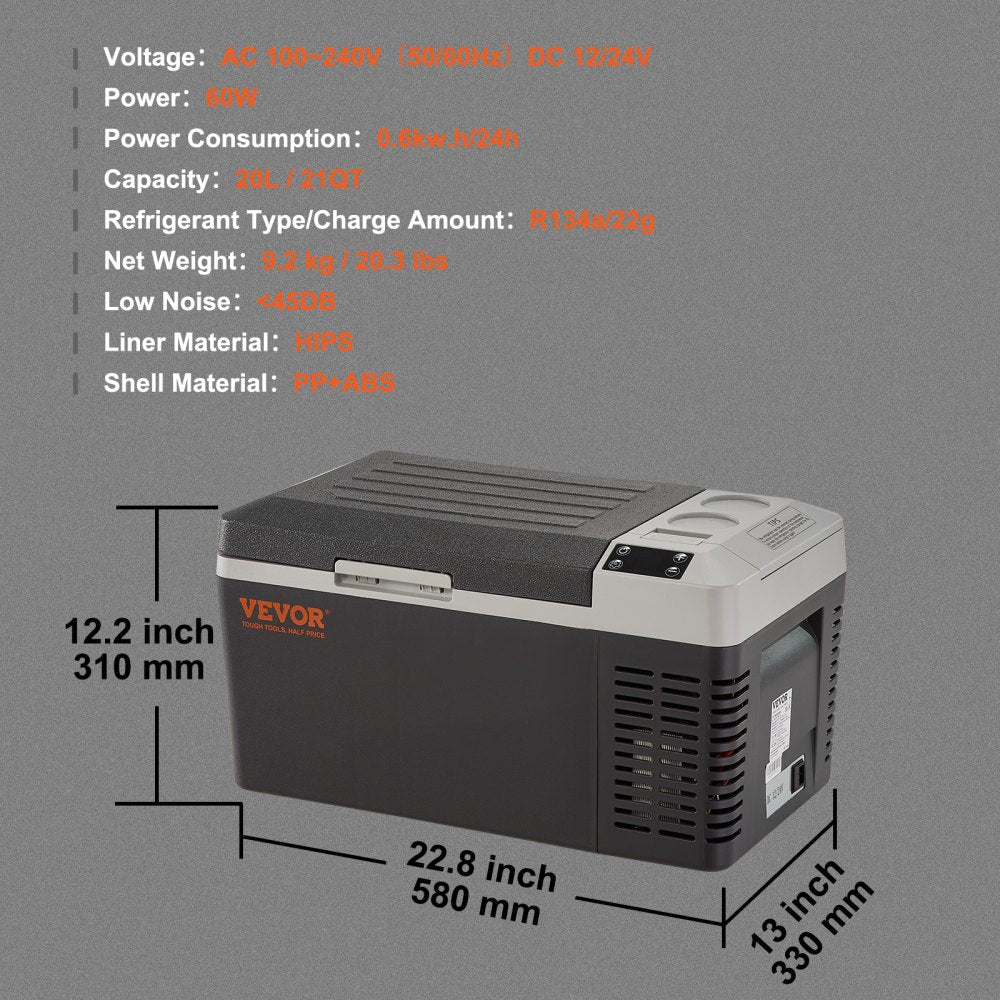 VEVOR Car Refrigerator, 12 Volt Car Refrigerator Fridge, 21 QT/20 L Single Zone Portable Freezer, -4?-50? Adjustable Range, 12/24V DC and 100-240V AC Compressor Cooler for Outdoor, Camping, Travel, RV