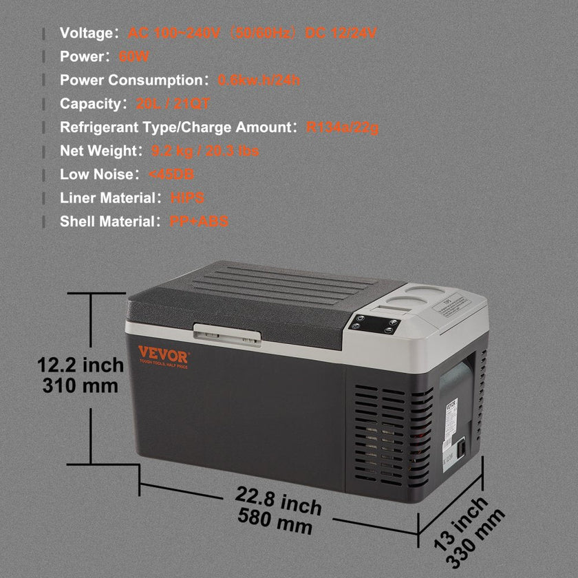 VEVOR Car Refrigerator, 12 Volt Car Refrigerator Fridge, 21 QT/20 L Single Zone Portable Freezer, -4?-50? Adjustable Range, 12/24V DC and 100-240V AC Compressor Cooler for Outdoor, Camping, Travel, RV