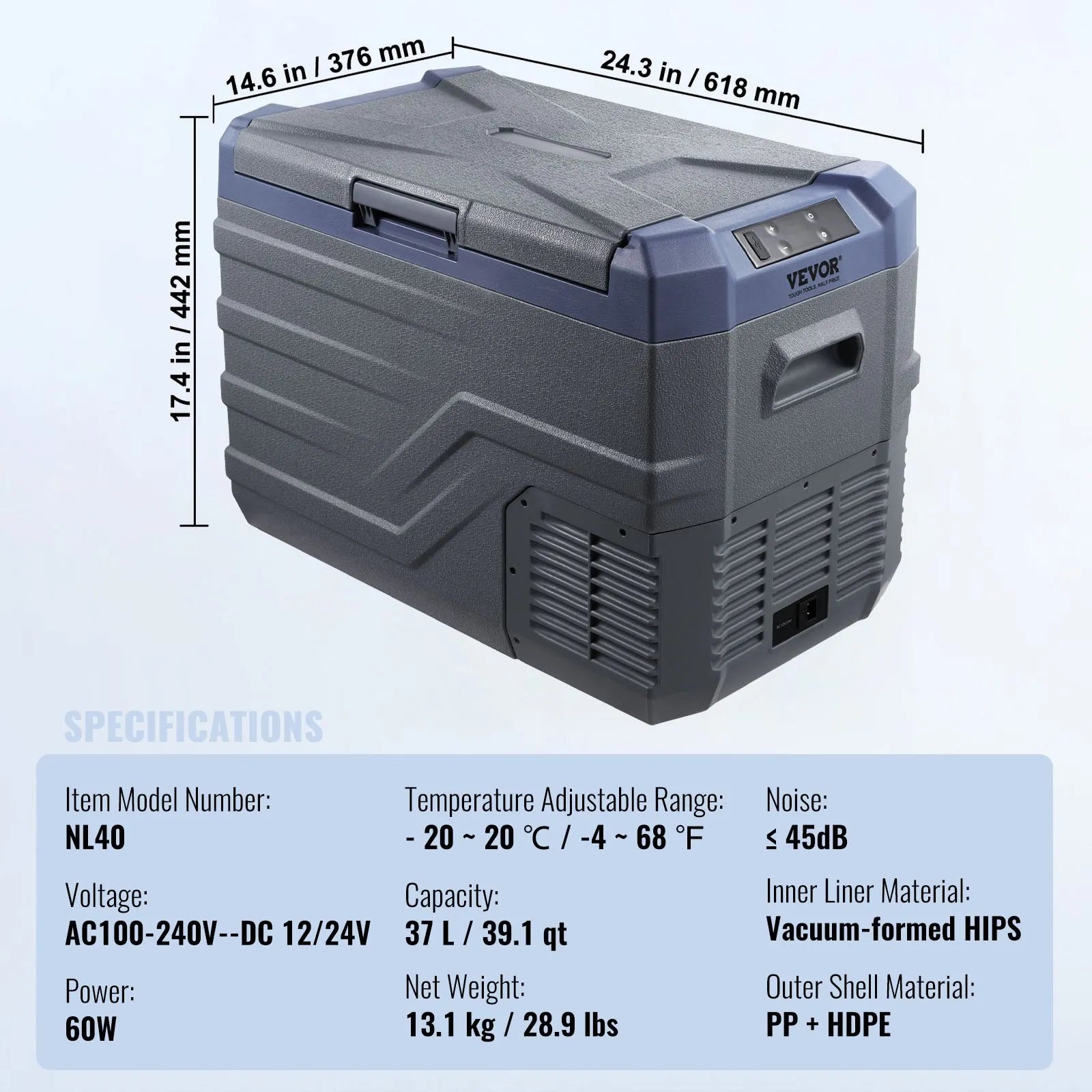 VEVOR Portable Car Refrigerator Freezer Compressor 37 L Single Zone for Car Home
