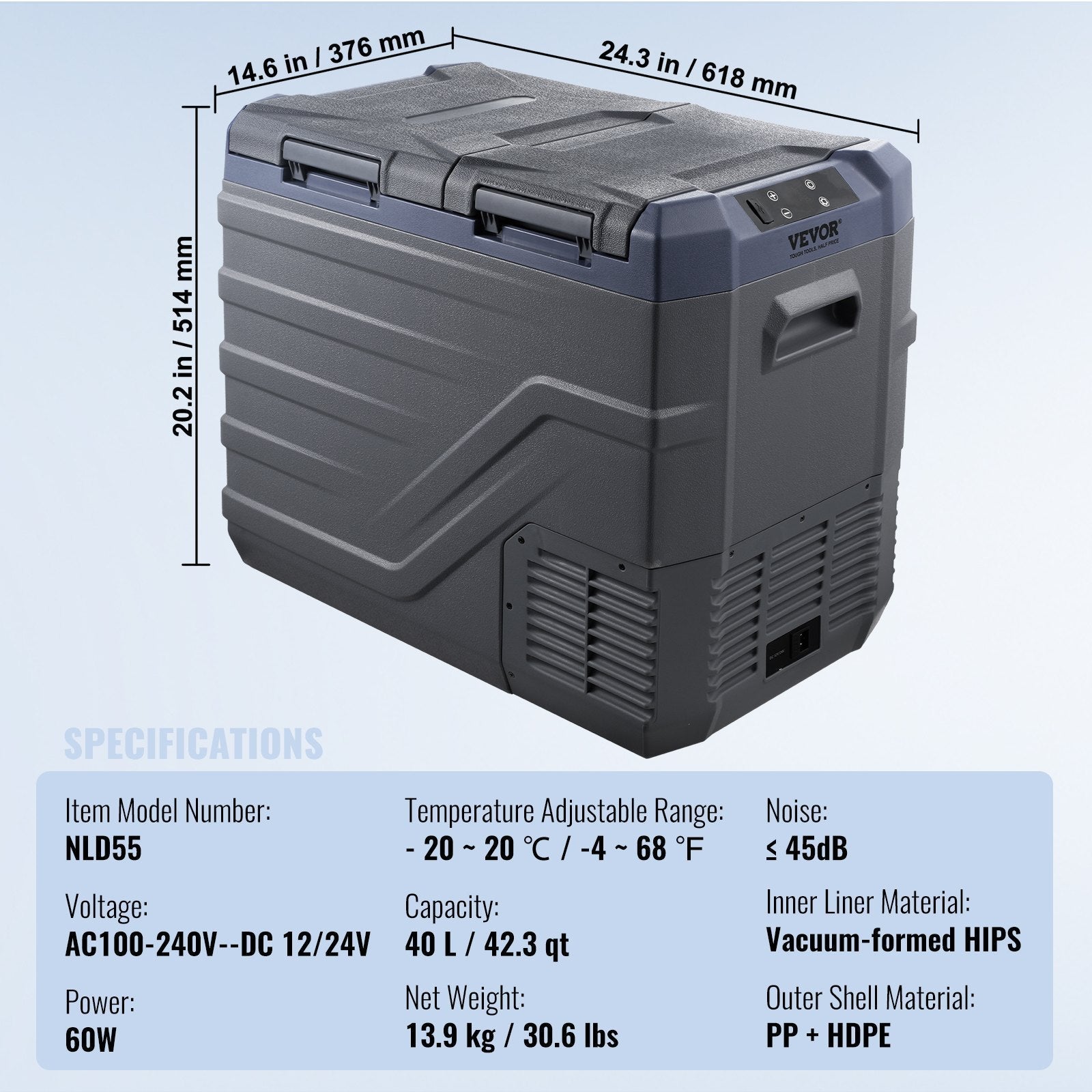 VEVOR Portable Car Refrigerator Freezer Compressor 40 L Dual Zone for Home Car