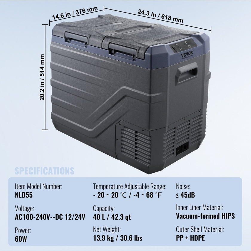 VEVOR Portable Car Refrigerator Freezer Compressor 40 L Dual Zone for Home Car