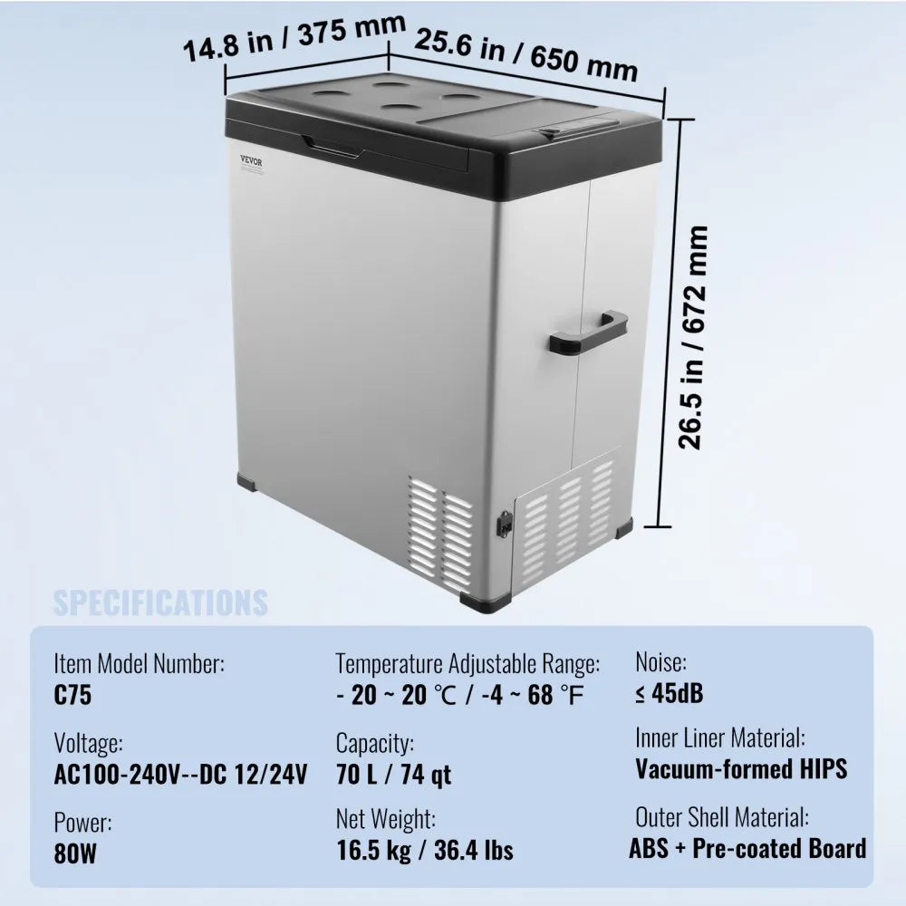 VEVOR Portable Car Refrigerator Freezer Compressor 70 L Single Zone for Car Home