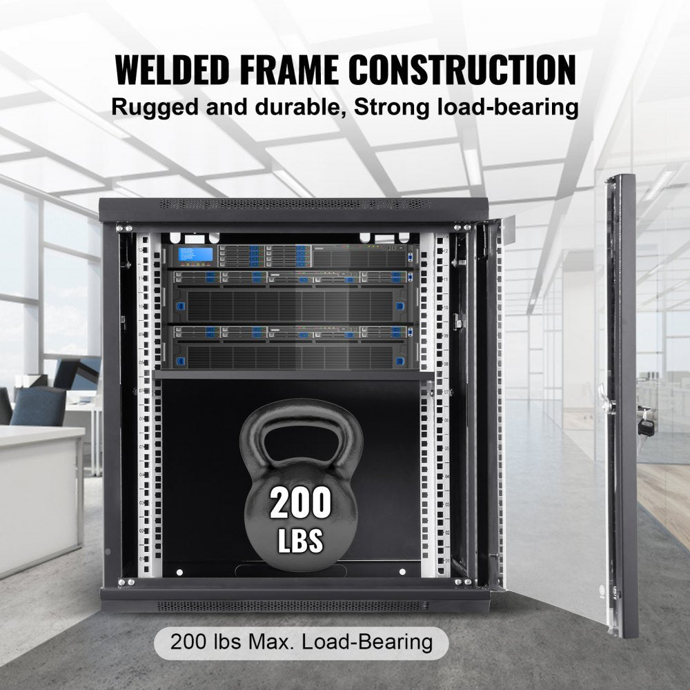 VEVOR 12U Wall Mount Network Server Cabinet, 15.5'' Deep, Server Rack Cabinet Enclosure, 200 lbs Max. Ground-mounted Load Capacity, with Locking Glass Door Side Panels, for IT Equipment, A/V Devices
