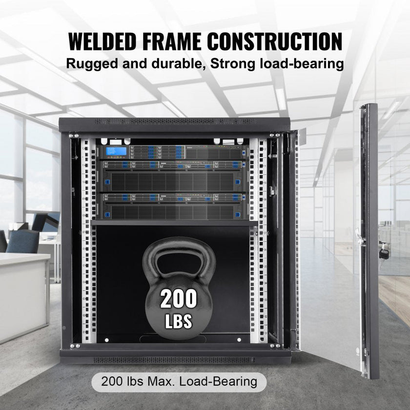 VEVOR 12U Wall Mount Network Server Cabinet, 15.5'' Deep, Server Rack Cabinet Enclosure, 200 lbs Max. Ground-mounted Load Capacity, with Locking Glass Door Side Panels, for IT Equipment, A/V Devices