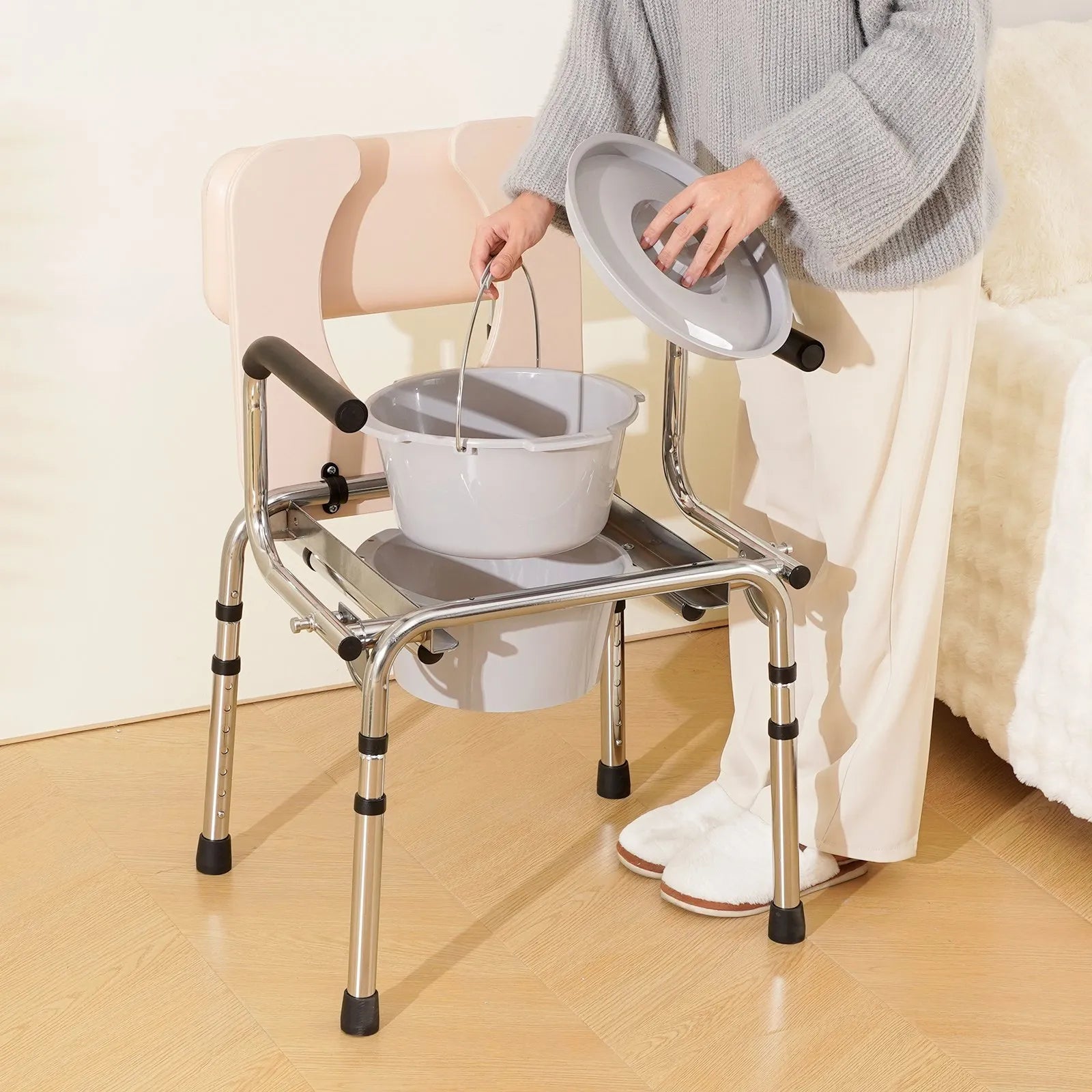 VEVOR Commode Chair, Bedside Commode with Padded Seat, Drop-Down Arms, 7-Level Adjustable Height, 5.8L Removable Bucket, Easy to Assemble, 350LBS Capacity, Portable Toilet for Adults Seniors