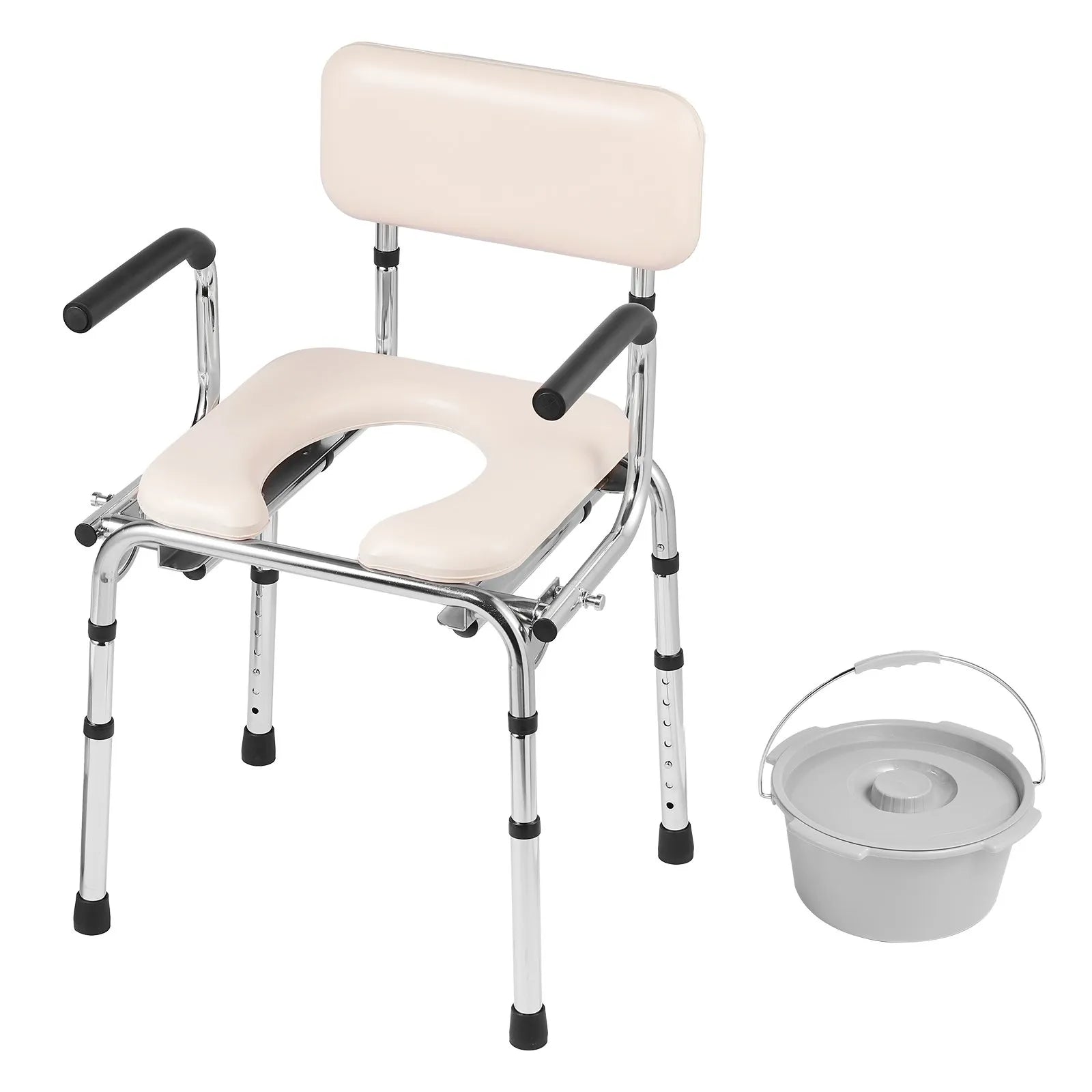 VEVOR Commode Chair, Bedside Commode with Padded Seat, Drop-Down Arms, 7-Level Adjustable Height, 5.8L Removable Bucket, Easy to Assemble, 350LBS Capacity, Portable Toilet for Adults Seniors