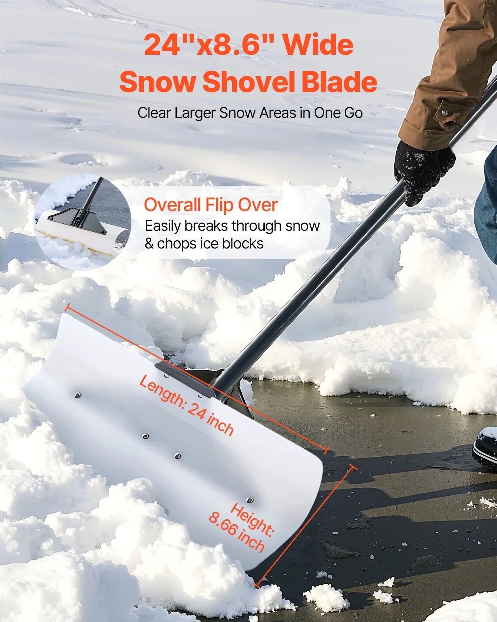 VEVOR Snow Pusher Shovel, 24 in Wide Outdoor Snowplow Shovel with Ergonomic Grip, HDPE Plastic Blade, Winter Shovels with Segmented Handle, Portable Snow Removal Tool for Driveway Garden Camping